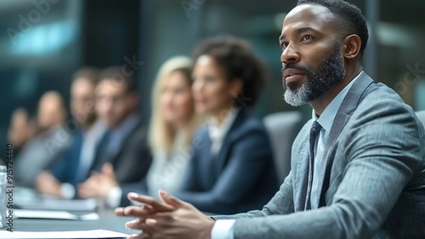 Fototapeta diverse group of business professionals seated at a panel discussion table, presenting and engaging in discussion, modern conference room setting