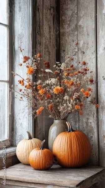 Fototapeta Rustic Autumn Table with Pumpkins and Decor