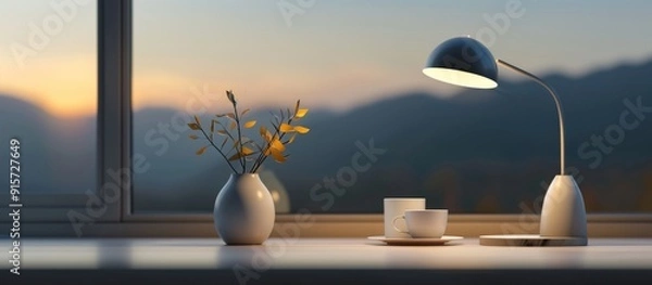 Obraz modern desk with an industrial lamp, in the background is a blurred landscape view of mountains at sunset