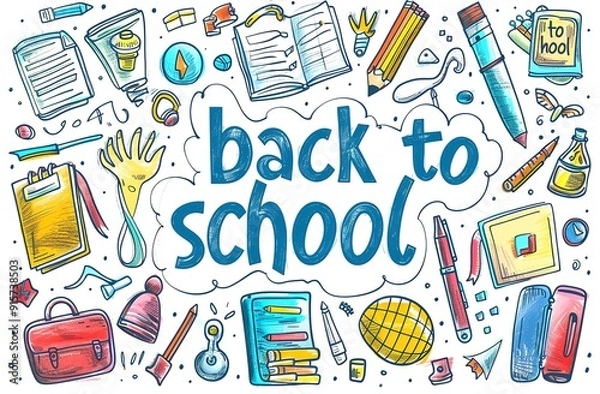 Fototapeta Start School Concept: Supplies on Desk with Rocket Drawn on White board