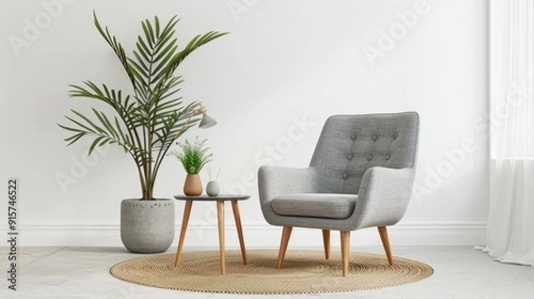 Fototapeta Contemporary living room with gray furniture, light wall, and vintage decor: armchair, table with plant, and round carpet on white background