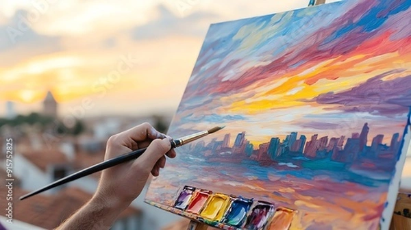 Fototapeta An artist painting a vibrant sunset skyline on canvas, showcasing creativity and passion for art in a tranquil outdoor setting.
