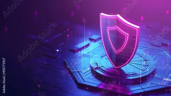 Fototapeta Futuristic digital shield glowing in purple light, representing cybersecurity and protection in a hi-tech virtual environment.