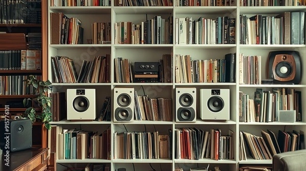 Obraz A stylish bookshelf filled with books, featuring audio speakers for a perfect music and reading experience in a cozy environment.