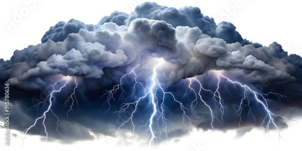 Fototapeta Dramatic thunderstorm with lightning strikes, isolated against transparent background