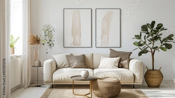 Fototapeta Posters displayed on white wall in living room with beige sofa, plant, and table