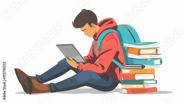 Obraz Student Studying with Tablet and Books - Digital Learning Illustration