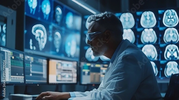 Fototapeta A scientist analyzing brain activity, intense concentration, with fMRI and EEG equipment, in a high-tech lab. Sleek, modern environment with digital interfaces, brain scan visuals,