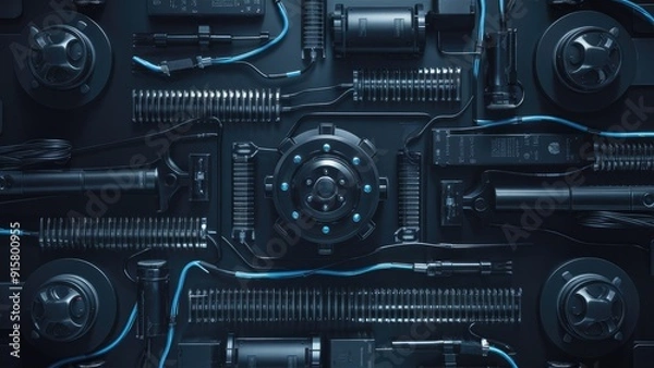 Fototapeta Industrialthemed dark wallpaper featuring mechanical components Closeup view of machinery showcasing servos actuators and a linear motion system Matte black elements highlighted by