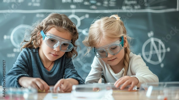 Fototapeta Two girls engage in a fun science project, wearing safety goggles while exploring concepts on a chalkboard in a classroom setting.