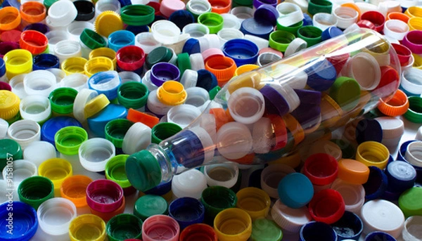 Fototapeta Group of assorted colored plastic cups for recycling