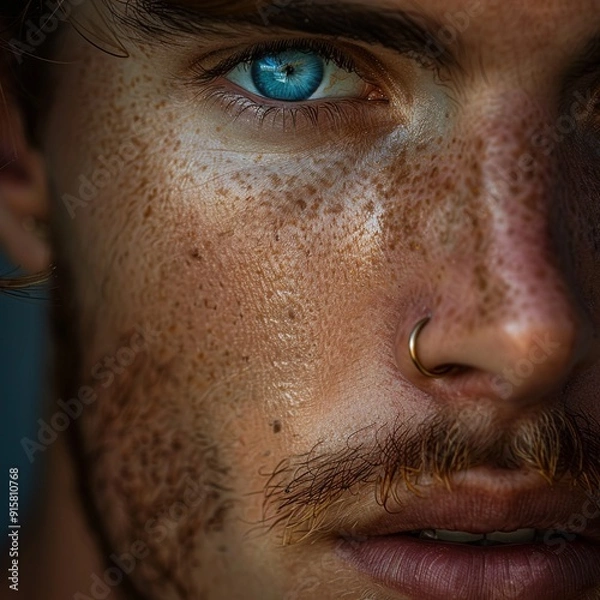 Obraz A professional close-up portrait of a man with a nose piercing, emphasizing his natural ruggedness and minimalistic grooming. The soft focus highlights his facial features