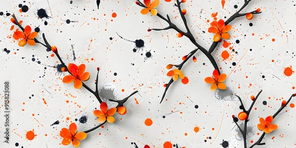 Fototapeta Seamless Red, Black and Orange Small Flowers Pattern With Branches on a Light Background. Abstract Floral Triangle Landscape Wall Sticker. HD Seamless Wallpaper and Wall Sticker