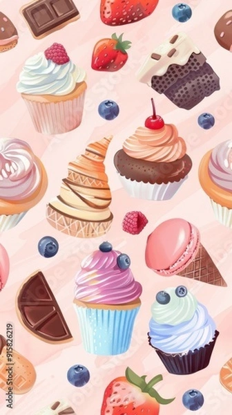 Fototapeta A delightful array of sweet treats, including ice cream cones and various cupcakes, displayed on a soft pastel backdrop