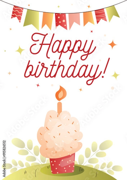 Obraz Childrens cute greeting card. Birthday greetings with colorful decorations and a birthday cake with a candle. Vector.