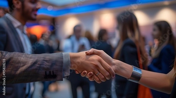 Fototapeta An elegant photo of a handshake at a networking event, set in a stylish venue with modern decor and branding. The handshake is firm and confident,