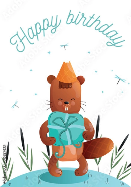 Obraz Childrens cute greeting card. Cartoon beaver celebrating a birthday with a gift in a natural setting. Vector.