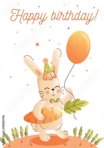 Obraz Childrens cute greeting card. A cheerful bunny in a party hat holds a balloon while celebrating a birthday. Vector
