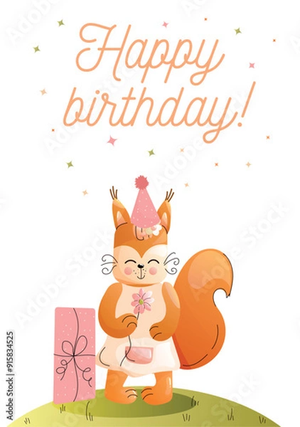 Obraz Childrens cute greeting card. A jolly squirrel in a festive hat celebrates a birthday with a gift and flowers. Vector.