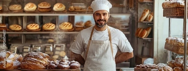 Fototapeta a man is a baker in a bakery. Selective focus