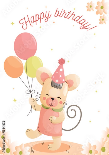 Obraz Childrens cute greeting card. A mouse in a party hat joyfully holds colorful balloons while celebrating a birthday.