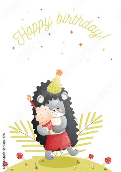 Obraz Childrens cute greeting card. A hedgehog dressed in a party hat celebrates a birthday with a cupcake in a sunny meadow.