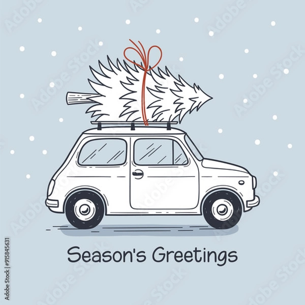 Obraz Hand drawn Christmas illustration with small car carrying fir tree on its roof. Seasons greetings hand written lettering