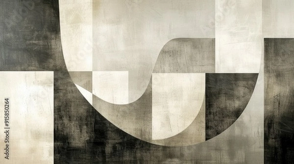 Obraz Abstract Monochrome Geometric Retro Artwork Background with Overlapping, Layered Rectangles and Curves in Neutral Tones - Grunge Minimalist Black Grey White Shapes Design Backdrop, Modern Stripes  Art