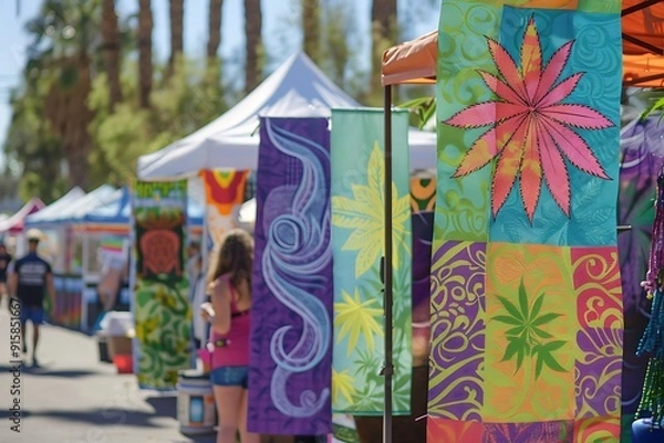 Obraz A vibrant cannabis festival, colorful tents and banners, lively atmosphere with art and music, bright sunny day, people enjoying activities in the background, festive and joyful mood