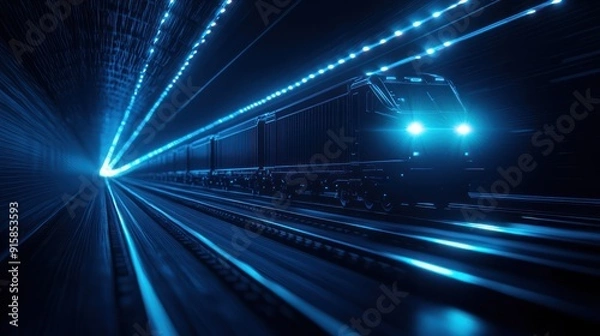 Fototapeta A dynamic view of a train entering a tunnel, with bright blue lights illuminating the path ahead, creating a sense of motion.
