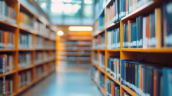 Fototapeta Abstract blurred public library interior space. blurry room with bookshelves by defocused effect. use for background or backdrop in business or education concepts