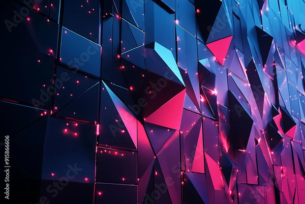 Fototapeta A low-poly style illustration representing cyber security, featuring geometric faces and angular patterns. The design incorporates elements such as padlocks, shields, and digital networks