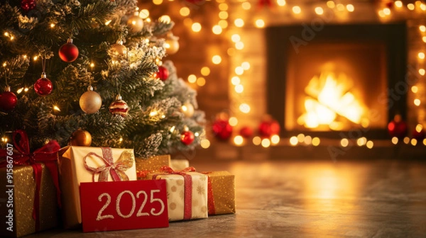 Fototapeta Christmas tree with presents in boxes in front of fireplace