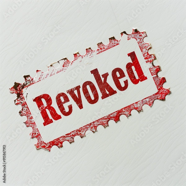 Fototapeta A bold red stamp imprint with the word "Revoked" in distressed, all-caps lettering, stamped on crisp white paper. The stamp is slightly uneven, giving it an authentic and urgent appearance 