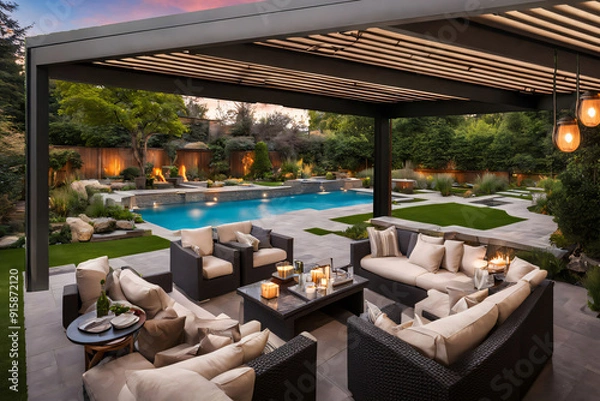 Obraz Modern patio furniture include a pergola shade structure, an awning, a patio roof, a dining table, seats, and a metal grill. Generative AI