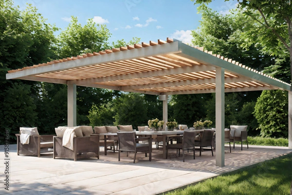 Obraz Modern patio furniture include a pergola shade structure, an awning, a patio roof, a dining table, seats, and a metal grill. Generative AI