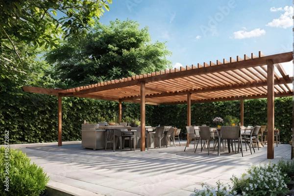 Obraz Modern patio furniture include a pergola shade structure, an awning, a patio roof, a dining table, seats, and a metal grill. Generative AI