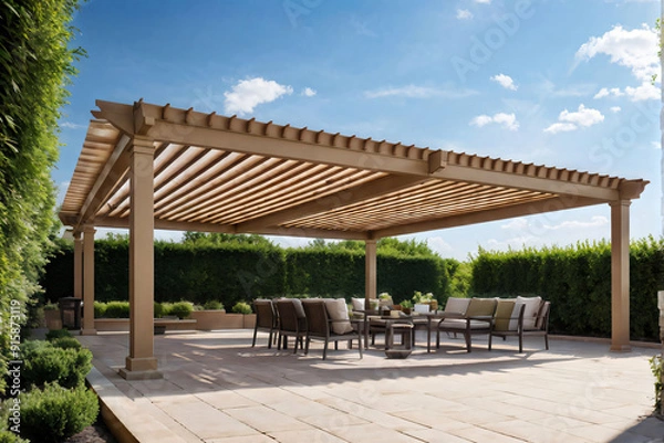 Obraz Modern patio furniture include a pergola shade structure, an awning, a patio roof, a dining table, seats, and a metal grill. Generative AI