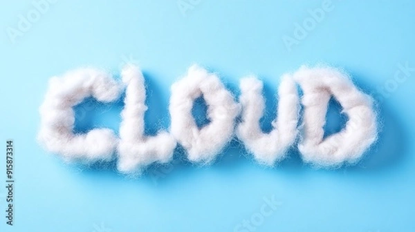 Fototapeta Cloud Text Formed with Soft White Cotton, Minimalist Sky-Themed Design on Light Blue Background, Symbolizing Lightness and Tranquility, Ideal for Weather Branding and Airy-Themed Promotions

