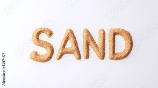 Fototapeta Sand Text with Minimalist Design, Realistic Sand Letters on White Background, Ideal for Beach-Themed Marketing, Travel Promotions, and Summer Branding

