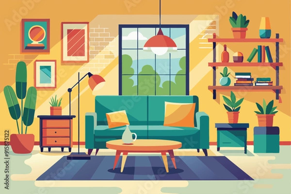 Fototapeta Stylish apartment interior showcases a green sofa, a round coffee table, and vibrant decor elements amidst a sunny atmosphere