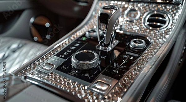 Fototapeta A close-up of a luxury car gear shift console. The gear shift lever is prominently displayed, featuring a diamond-patterned texture with crystal material. Surrounding the lever are various controls.