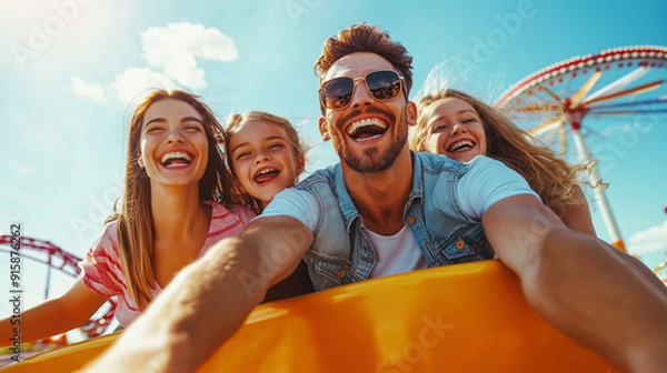 Obraz Happy Family Enjoying a Thrilling Amusement Park Ride Under a Bright Sky With Colorful Attractions in the Background