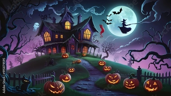 Obraz an enchanting Halloween scene with a haunted house on a hill, glowing jack-o'-lanterns, twisted trees, playful ghosts, a full moon, a witch on a broomstick, and eerie yet vibrant colors