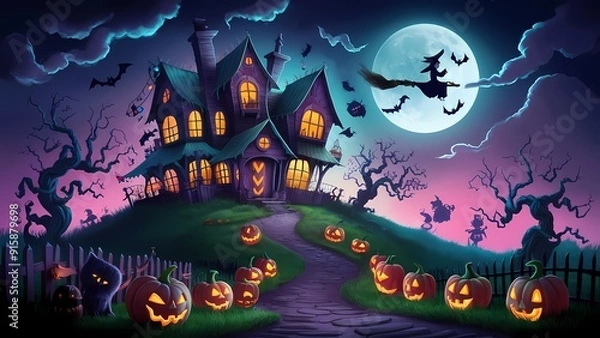 Obraz an enchanting Halloween scene with a haunted house on a hill, glowing jack-o'-lanterns, twisted trees, playful ghosts, a full moon, a witch on a broomstick, and eerie yet vibrant colors