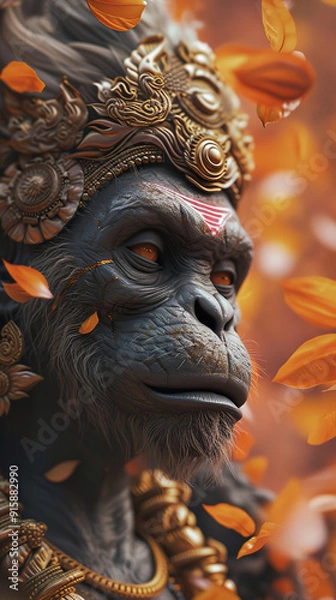 Obraz A Close-up Portrait of a Golden-Crowned Monkey God with Falling Leaves.