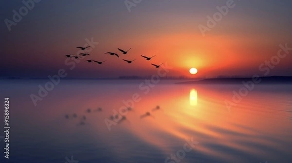 Fototapeta Birds Flying Over Calm Water at Sunrise With Warm Colors in the Sky