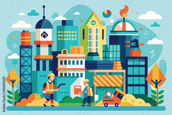 Fototapeta Workers engage in building safety practices amid a vibrant urban landscape filled with diverse architecture and construction elements