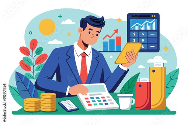 Fototapeta A businessman is focused on calculating sales figures while using a calculator and reviewing data on a tablet in a contemporary office environment