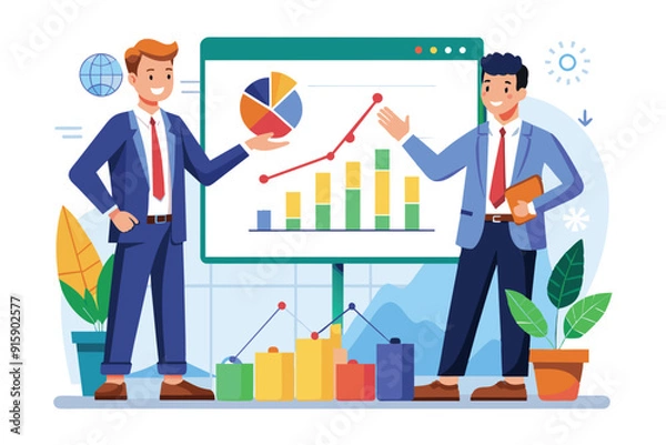 Obraz Two businessmen are discussing financial trading trends using a colorful graph displayed on a large screen in a contemporary office environment